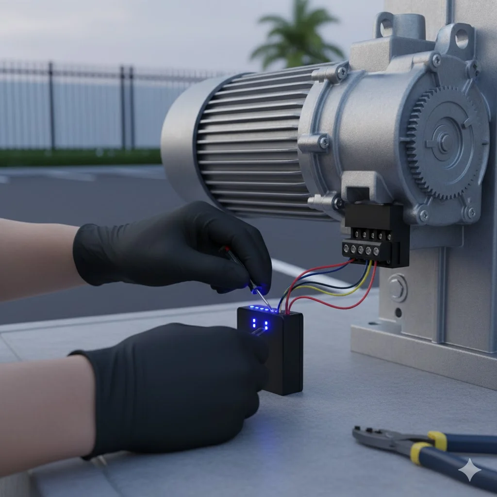 Instalación profesional del dispositivo de control de acceso Kofur en motor de portón