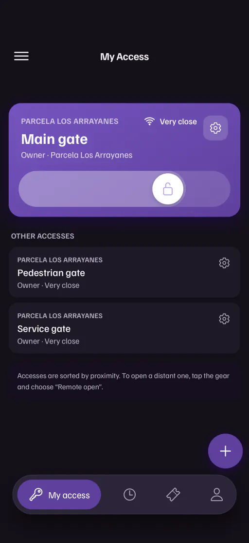 The app with the Main gate control half slid.