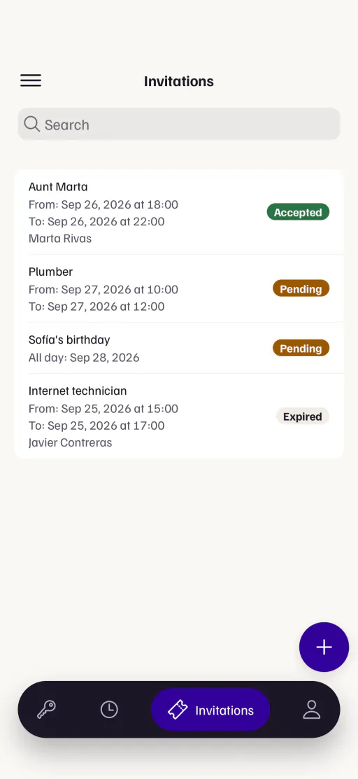 The app's invitation list, each with from when and until when the guest can get in.