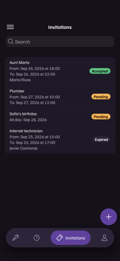 The app's invitation list, each with from when and until when the guest can get in.