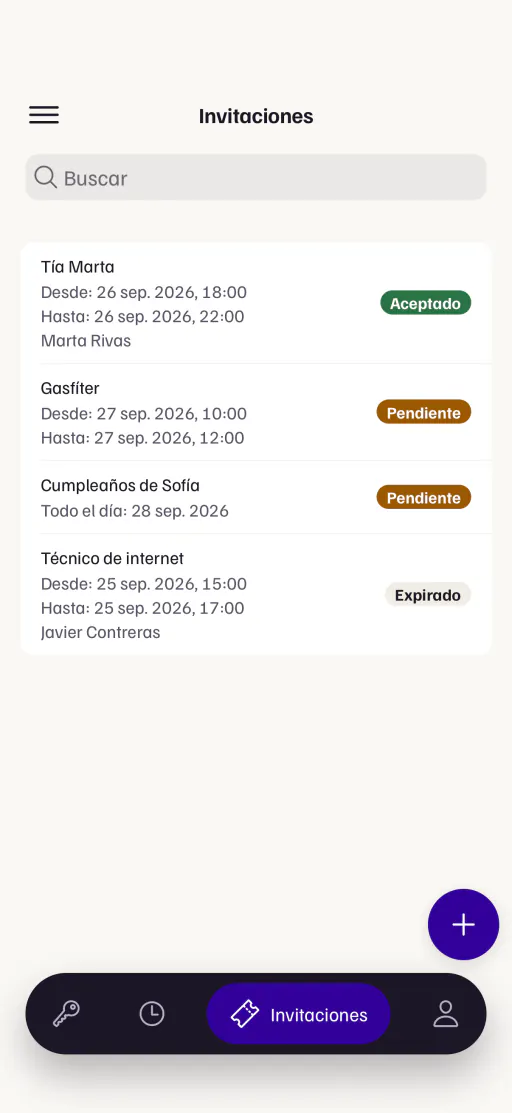 La lista de invitaciones de la app, cada una con desde cuándo y hasta cuándo puede entrar.