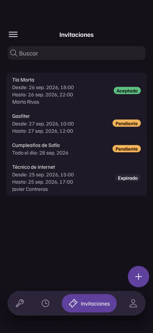 La lista de invitaciones de la app, cada una con desde cuándo y hasta cuándo puede entrar.