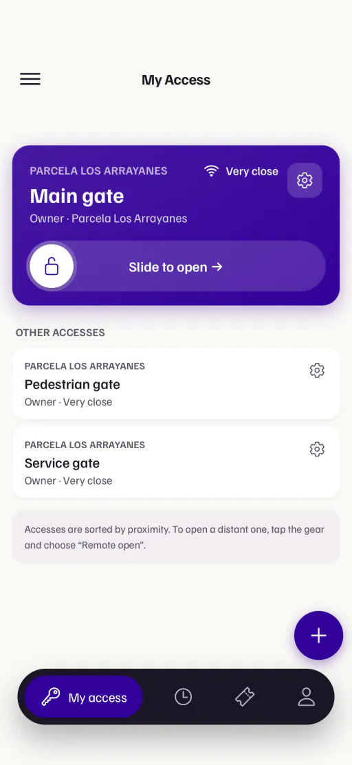 The Kofur app on My Access: the main gate of Parcela Los Arrayanes is at the top, “Very close”, with a “Slide to open” control. Below it, the pedestrian gate and the service gate.