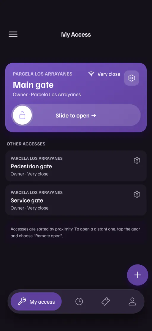 The Kofur app on My Access: the main gate of Parcela Los Arrayanes is at the top, “Very close”, with a “Slide to open” control. Below it, the pedestrian gate and the service gate.