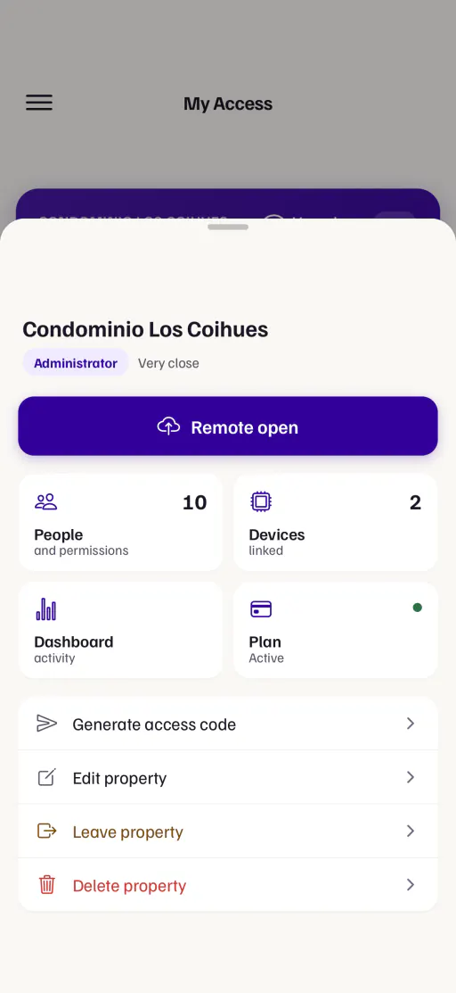 The admin panel in the app, for Condominio Los Coihues: 10 people with access, 2 linked devices, the activity dashboard, the plan up to date and the option to generate an access code.