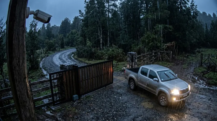 Imagen de la cámara del portón al anochecer: una camioneta entra por el portón de madera.