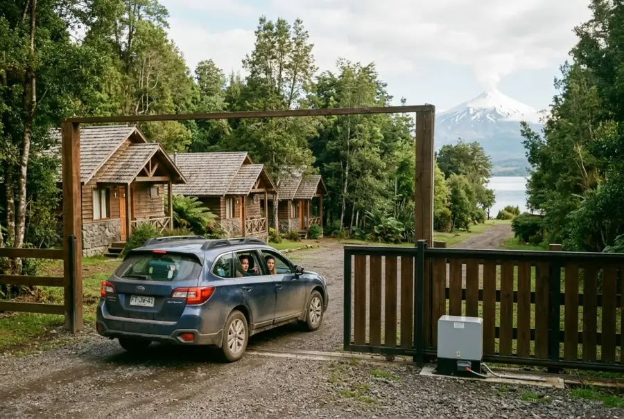 La entrada de un complejo de cabañas de madera junto a un lago, con un auto de huéspedes entrando.